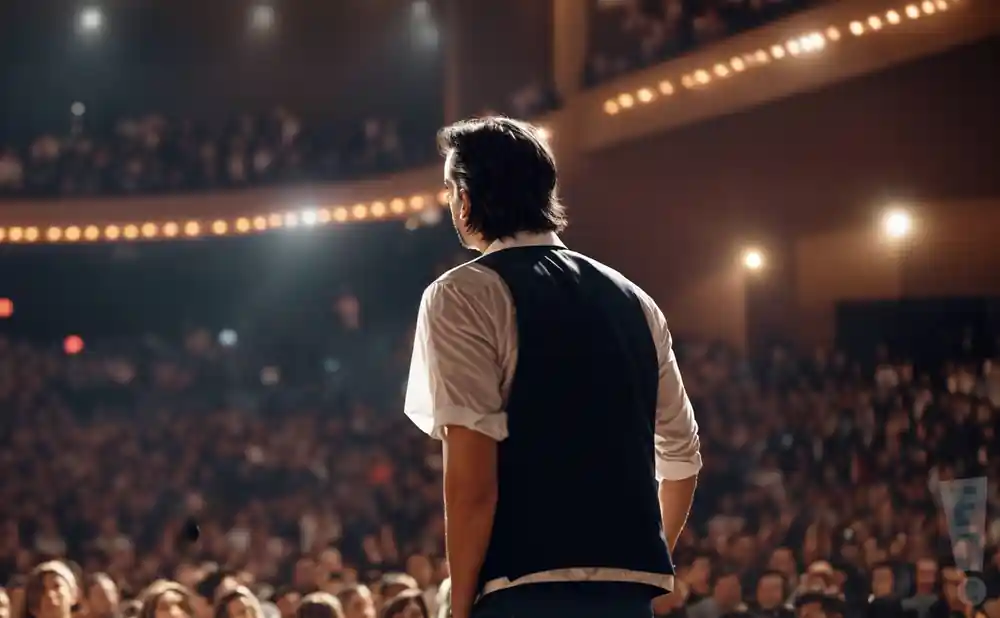 a rear view picture of tribute musician lin-manuel miranda performing on stage to a large audience