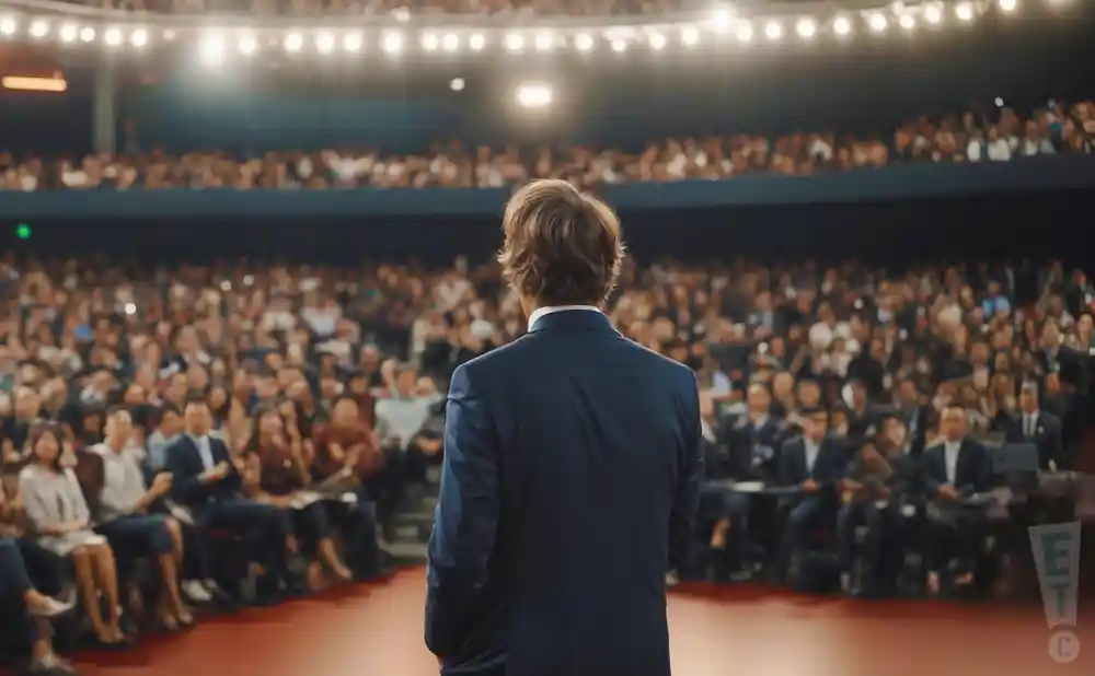 photograph of robert greene giving a lecture of a full audience of people in an indoor theater
