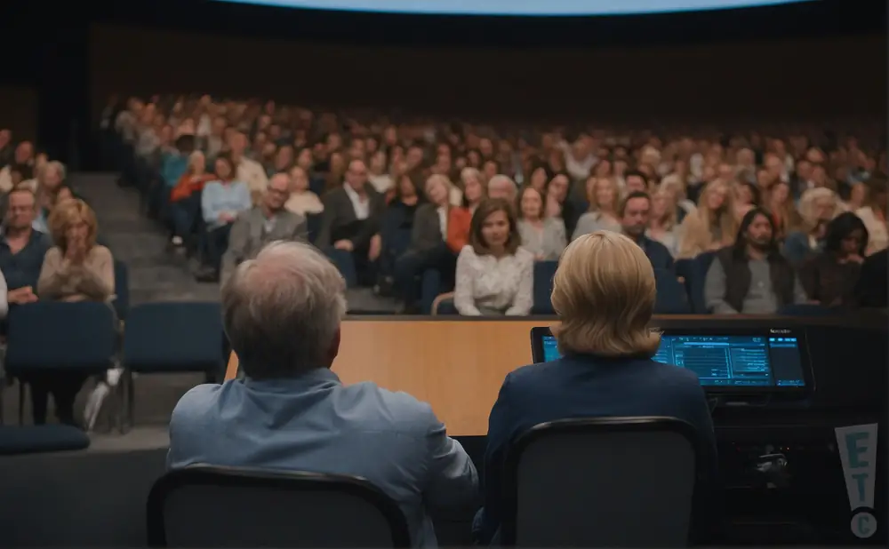 a rear view photograph of radio hosts dave luczak and carole caine giving a lecture on stage.