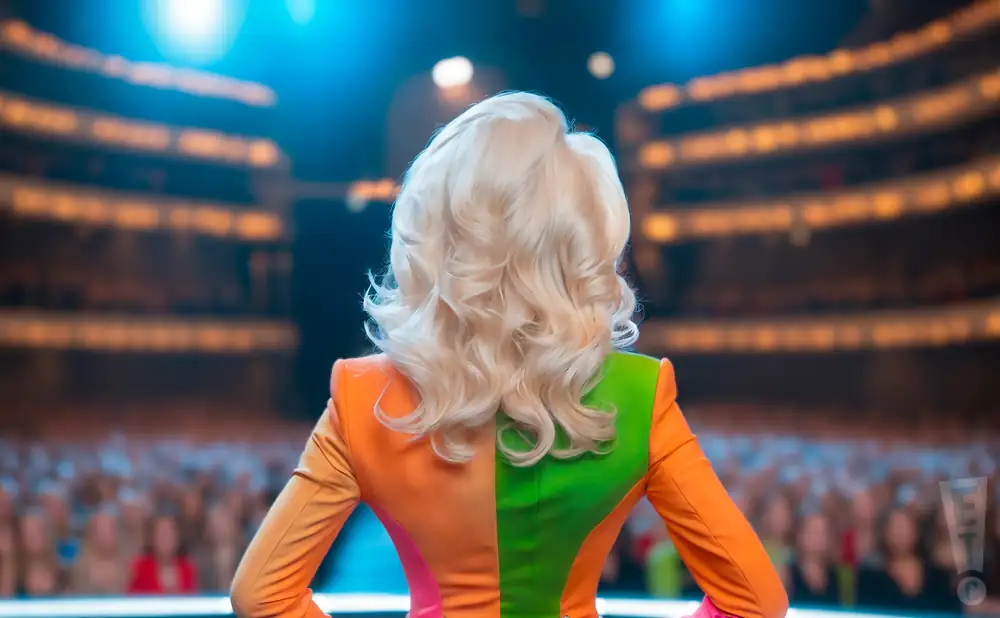 a realistic rear-view photograph depicting the view directly from behind lola lecroix performing on stage, in front of a large audience.