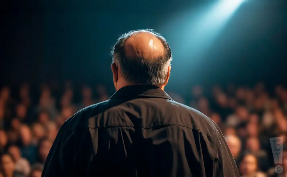 a rear-view photograph from behind chinese artist ai weiwei giving a speech on stage in front of a large audience.
