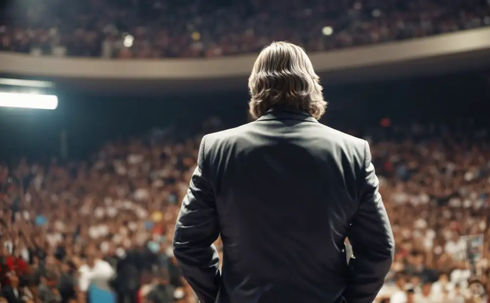 a rear view picture of tribute musician kevin von erich performing on stage to a large audience