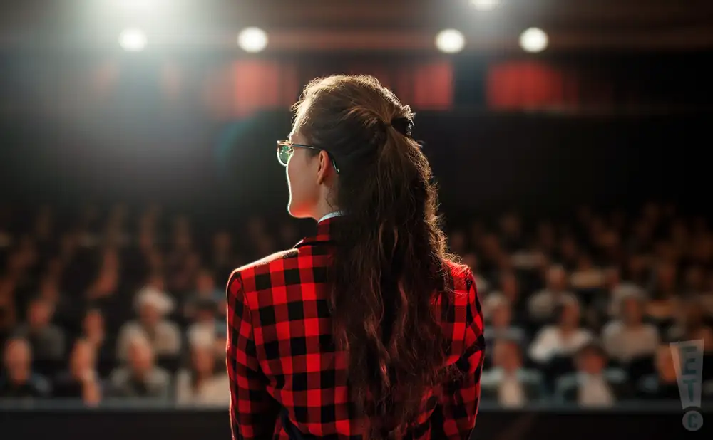 a rear-view photograph from behind american psychologist dr. rachel toles, delivering her lecture the psychology of serial killers on stage in front of a large audience.