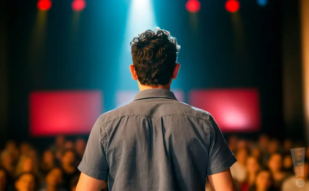 a rear-view photograph depicting the view directly from behind jon lovett, american political commentator and podcaster, doing a live recording of his podcast 