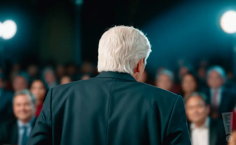a rear-view photograph from behind mexican journalist and television host jaime maussan, as he presents on stage in front of a large audience.