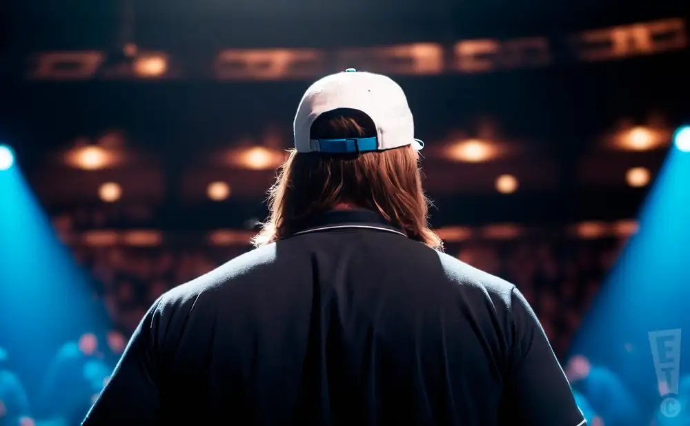 a rear-view photograph from behind american motivational speaker jon dorenbos, performing on stage in front of a large audience.