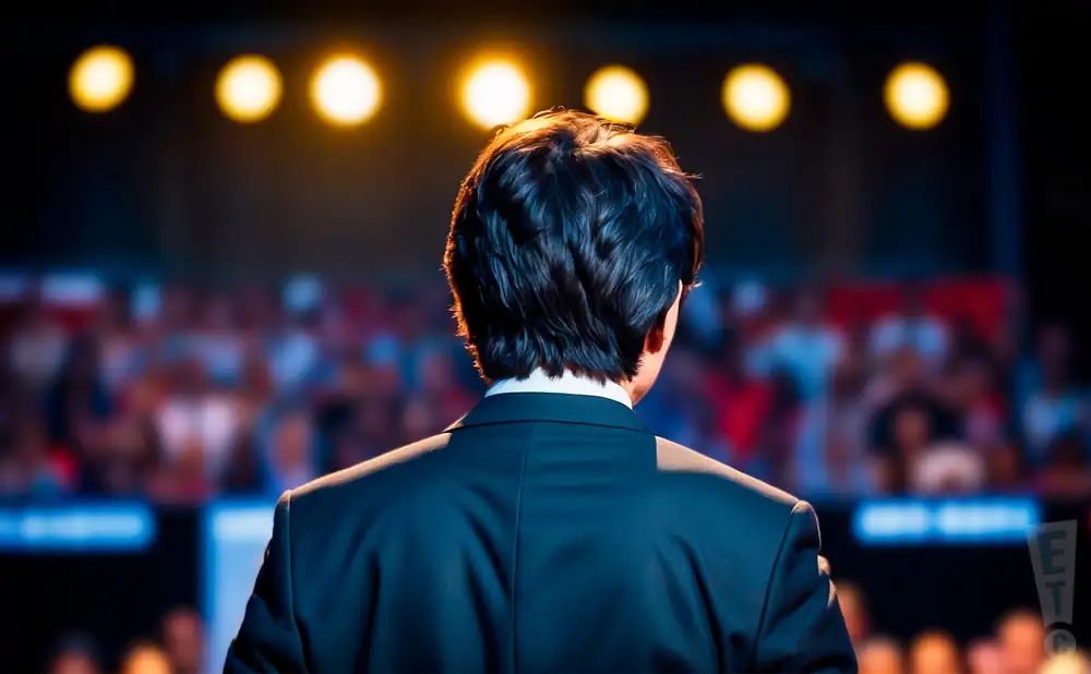 a rear-view photograph from behind singaporean pastor and motivational speaker joseph prince, delivering a sermon on stage in front of a large audience.