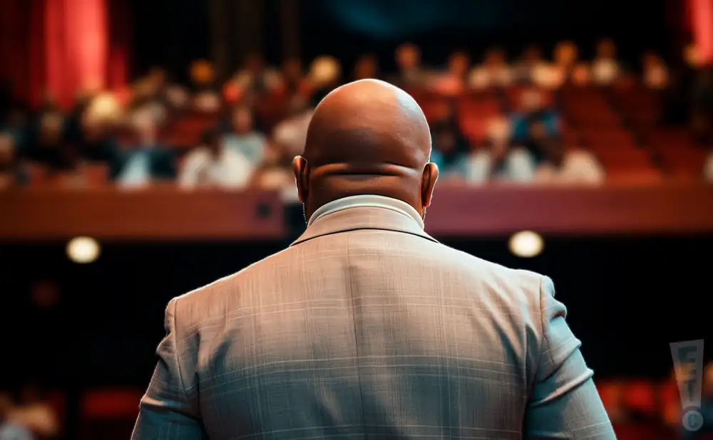 a rear-view photograph from behind american author and poet kwame alexander, performing on stage in front of a large audience in a completely full theater.