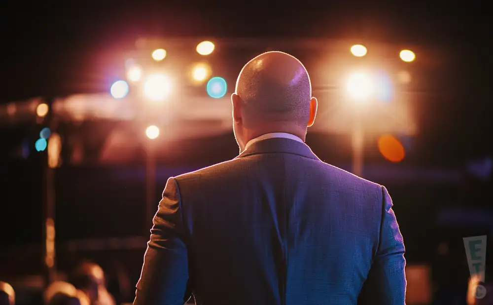 a rear view picture of speaker taylor mac performing on stage