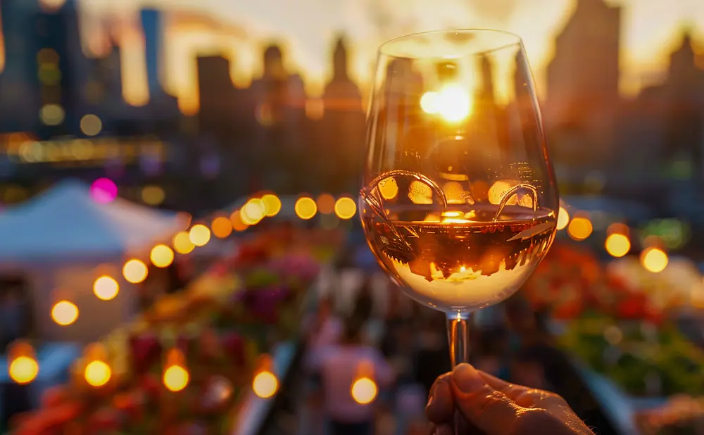 A hand holds a wine glass with rose wine, reflecting the sunset and city skyline in the background.