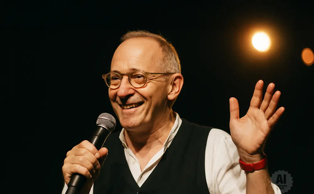 Man in glasses and vest smiles while holding a microphone and raising his hand.