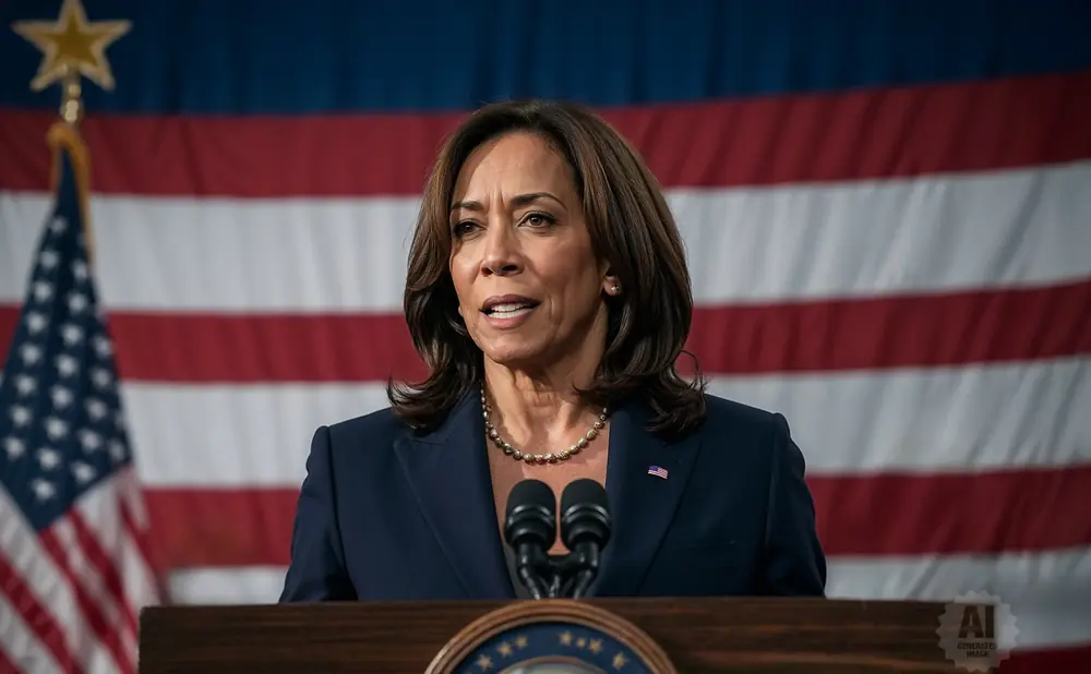 Kamala Harris speaks at a podium in front of an American flag.