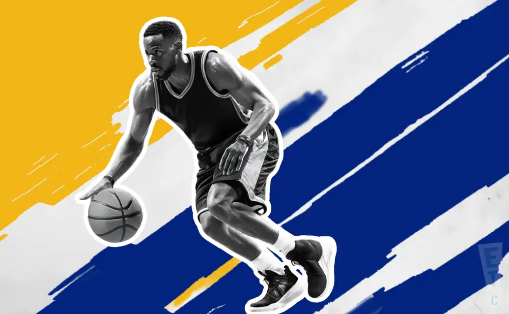 a golden state warriors basketball player looks down the court with a basketball in his hand