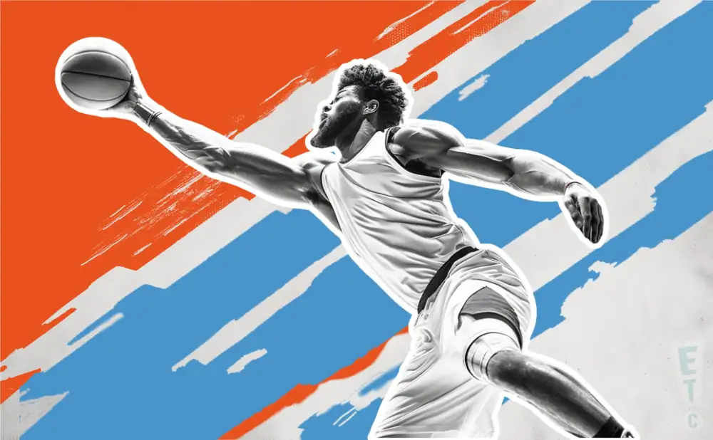 an oklahoma city thunder basketball player looks down the court with a basketball in his hand