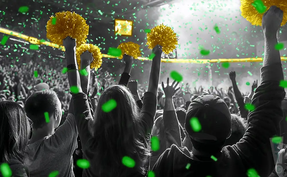 a crowd of le moyne dolphins fans cheering for their football team