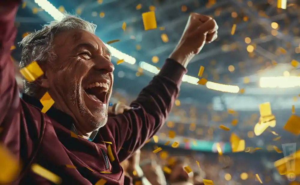 a picture of a minnesota duluth bulldogs fan cheering at his team in the stands 
