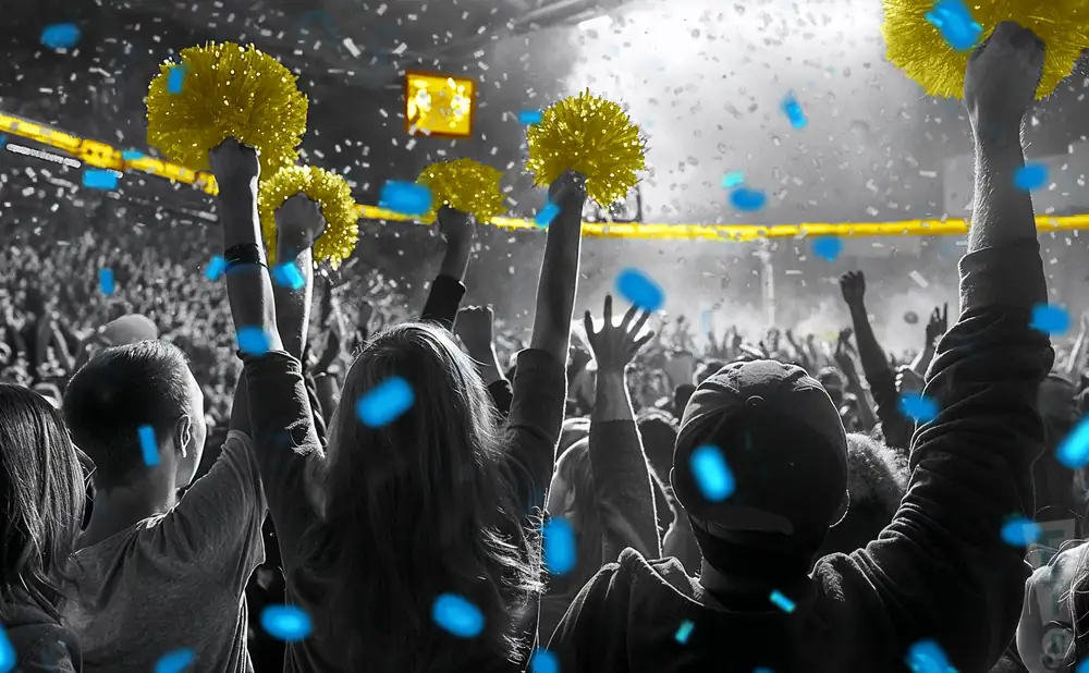 a crowd of ucla bruins fans cheering for their basketball team