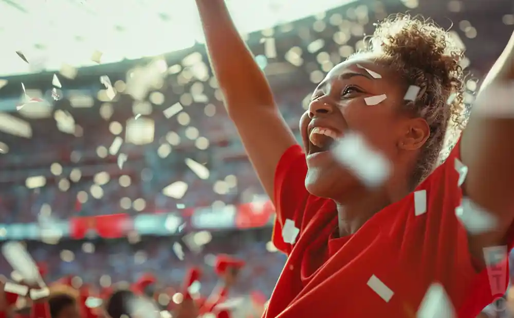 a picture of a washington state cougars fan cheering at her team from the stands 