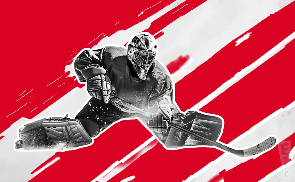 a detroit red wings hockey player about to hit the puck