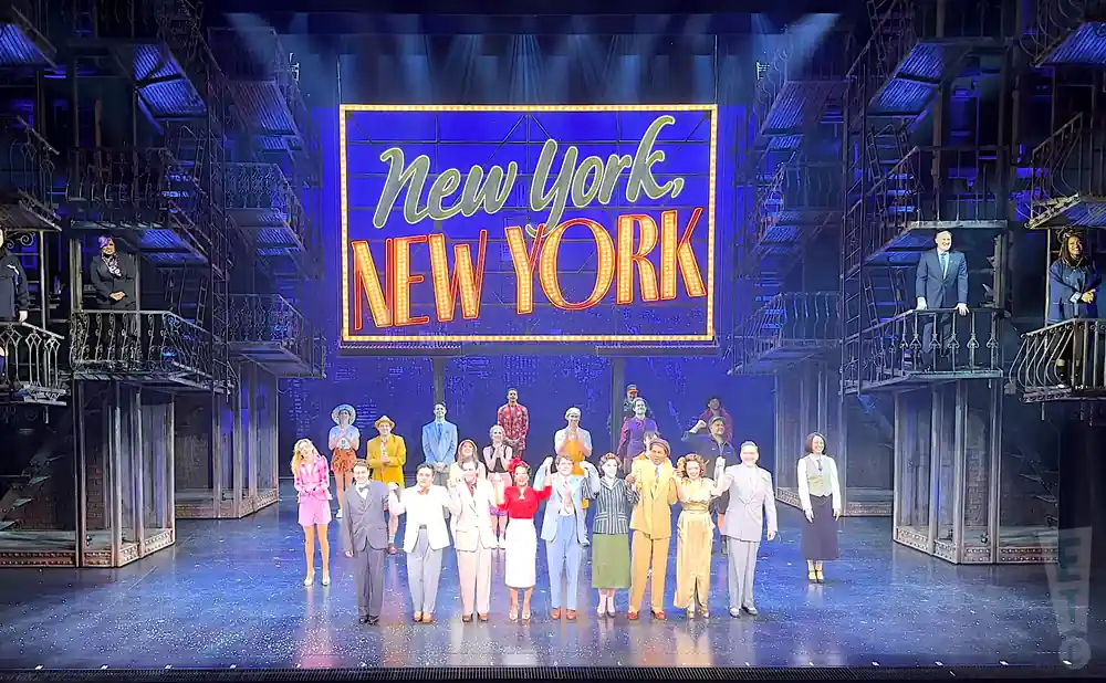 the cast of new york, new york posing for curtain call.