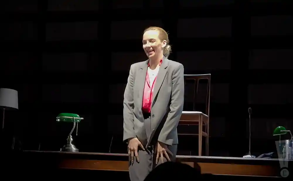 jodie comer performing in prima facie at the john golden theatre in new york city.
