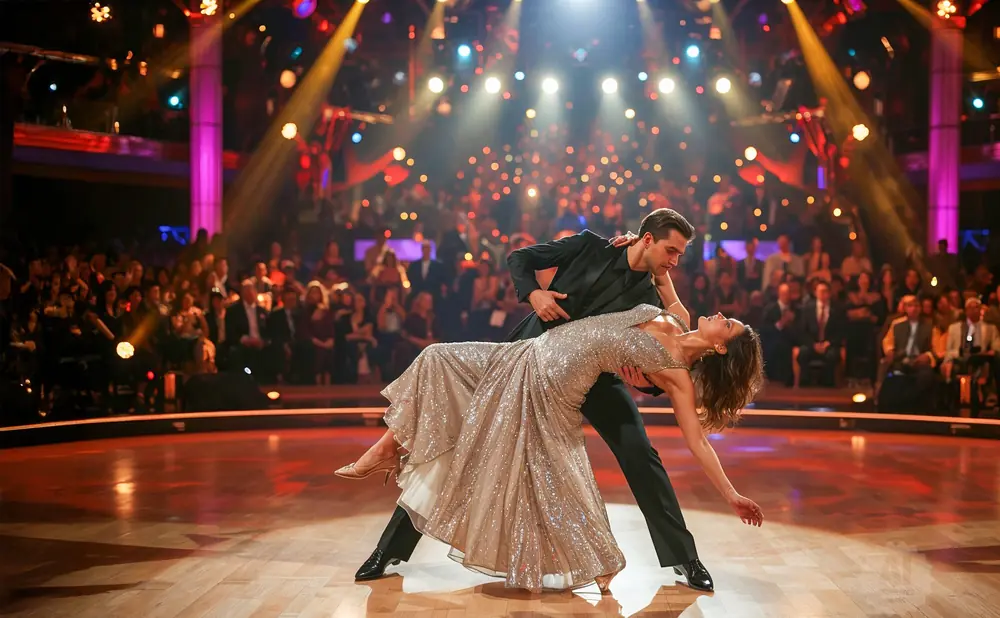 A couple dances ballroom on a shiny wooden floor, lit by stage lights, with an audience in the background.