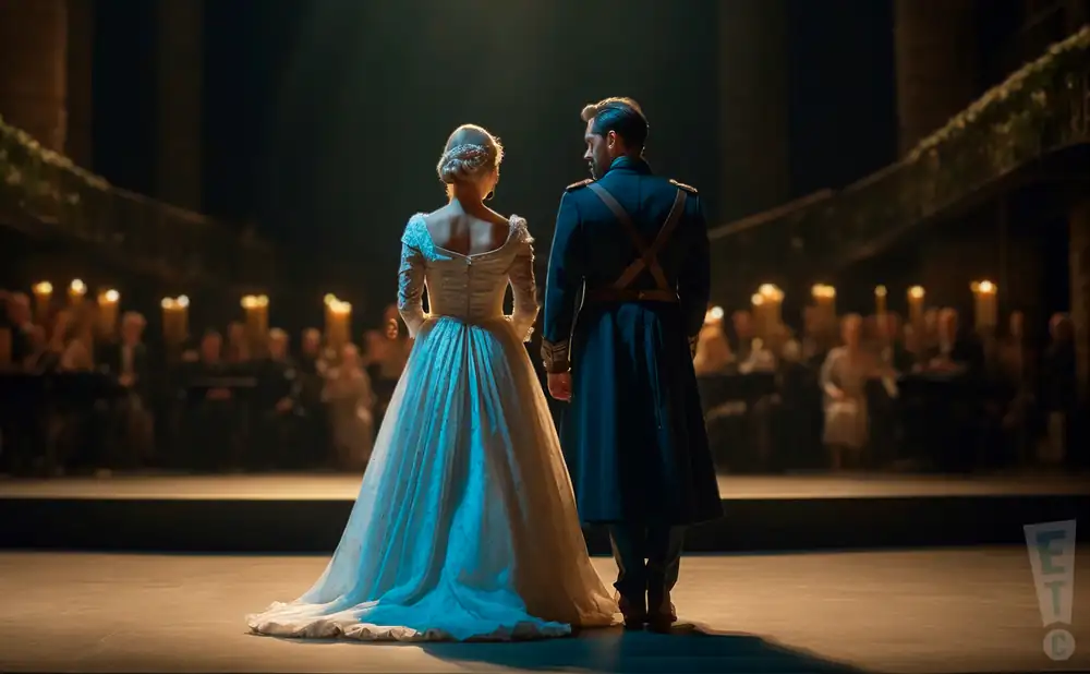 a rear-view photograph depicting two opera performers on stage in duke bluebeard’s castle.