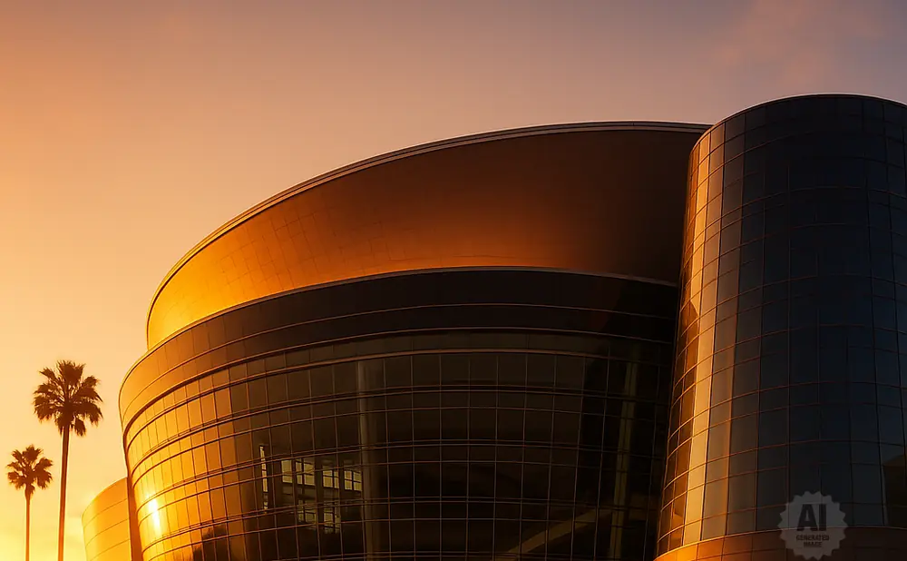 Modern glass building bathed in golden sunset light with palm trees.