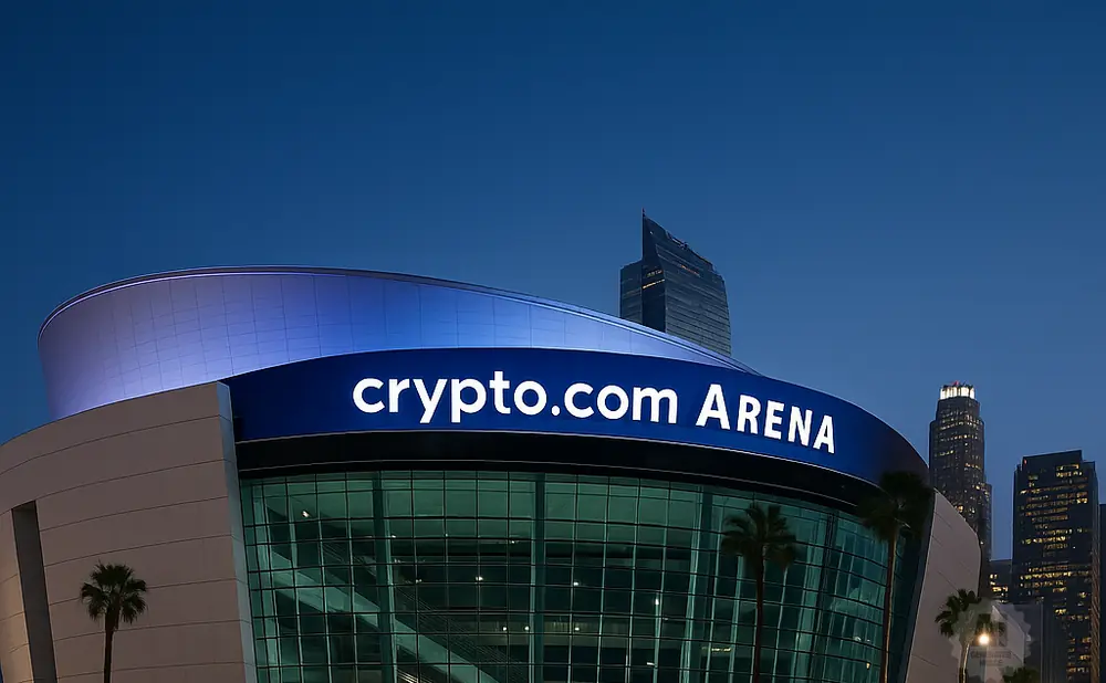 crypto.com arena lit up at dusk with the city skyline in the background.