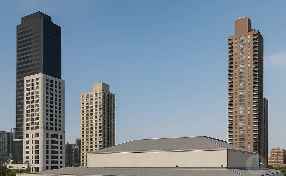 Modern concert hall with a grand plaza and tall buildings in the background.