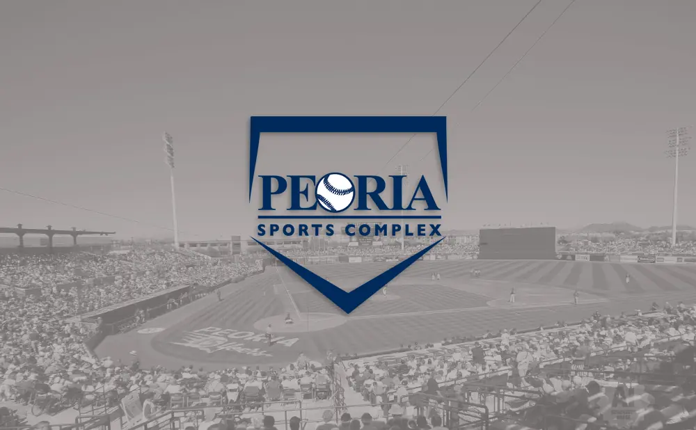 Peoria Sports Complex logo over a baseball stadium.