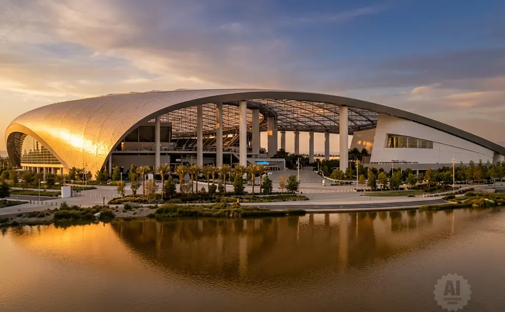 A modern stadium with a curved, metallic roof reflects in a body of water at sunset.