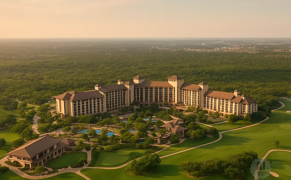Aerial view of a resort hotel on a golf course during sunset.