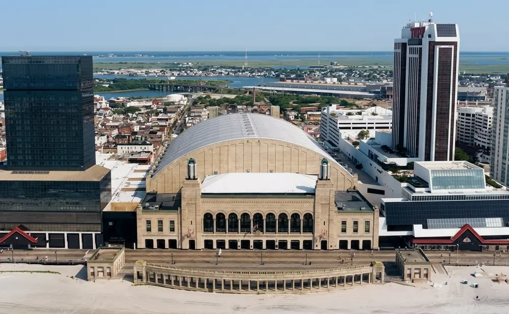 Aerial view of the Atlantic City boardwalk with the Taj Mahal casino, Trump Plaza, and the Convention Center.
