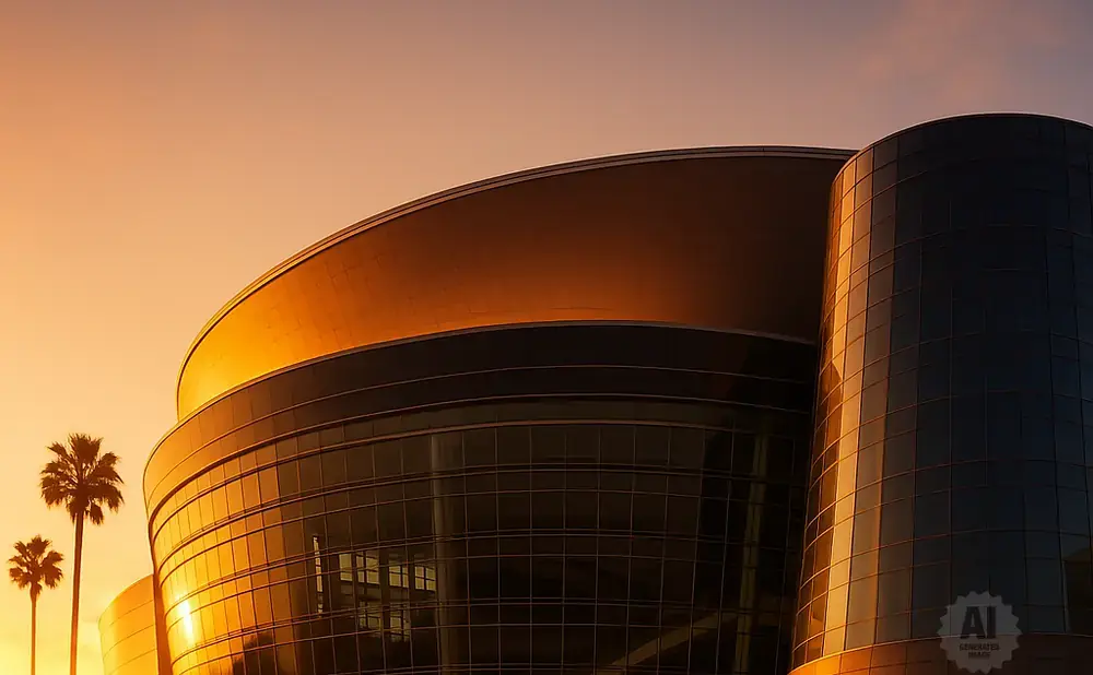 Modern glass building with curved roof and palm trees at sunset.