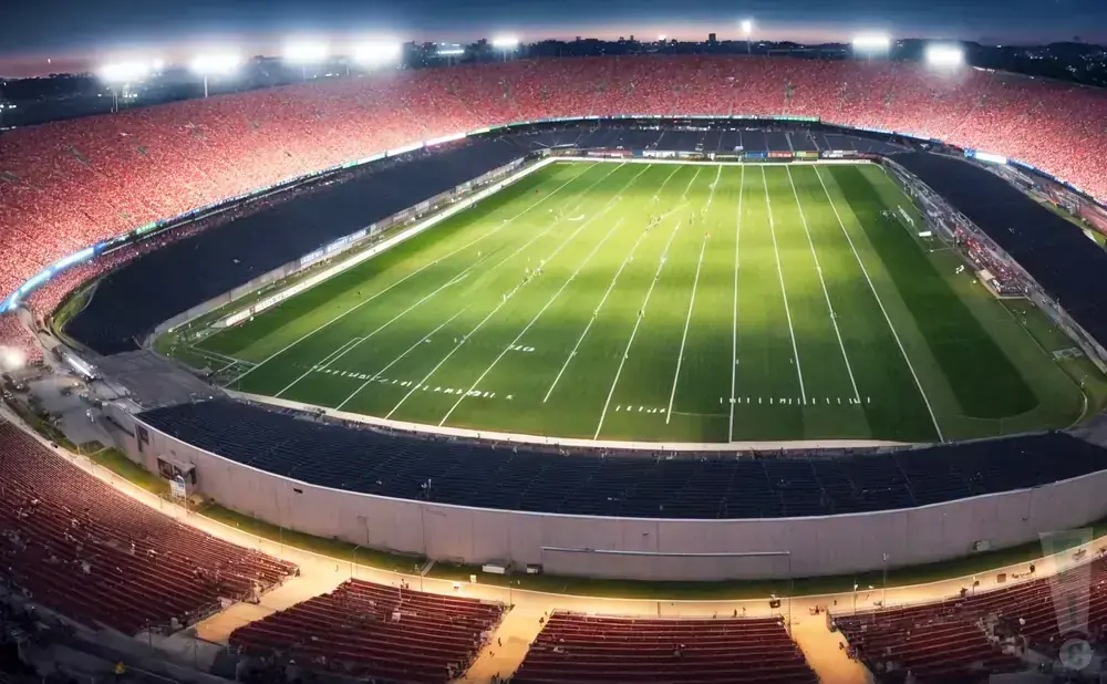 Aerial view of a packed football stadium at night, with bright lights illuminating the green field and red-seated stands.