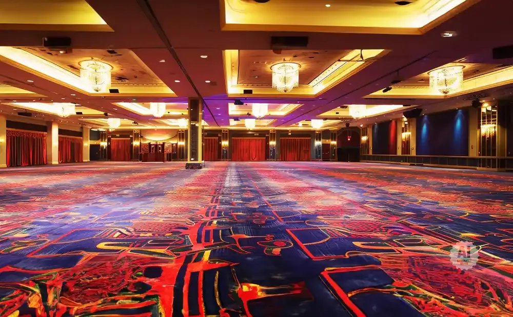 A grand ballroom with a vibrant, abstract carpet in shades of blue, red, and yellow, illuminated by ornate chandeliers.