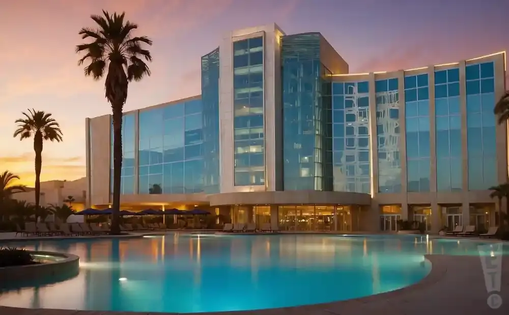 A modern hotel with a large pool and palm trees at sunset.