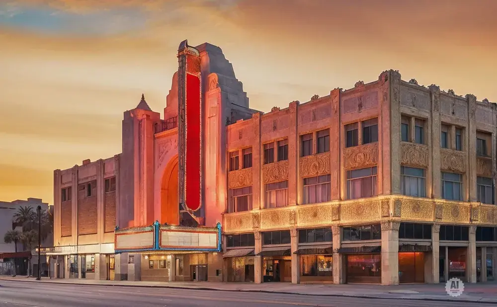 Art deco theater at sunset with a large red banner and marquee.