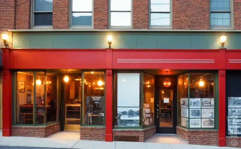A red-trimmed shop with large windows displaying merchandise, lit by warm interior lights.