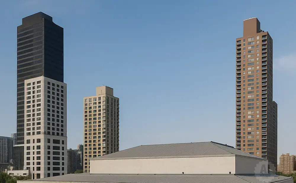 A multi-story building with a grey roof in the foreground, and three skyscrapers of varying heights in the background against a clear blue sky.