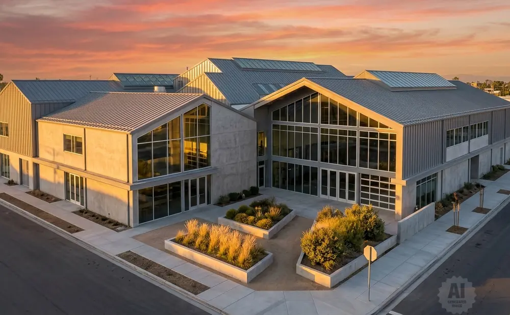 Modern building with metal roof and large windows at sunset.