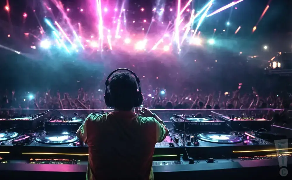 A DJ with headphones on plays music for a cheering crowd at a vibrant concert with colorful lights.
