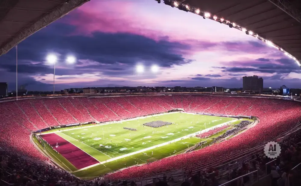 A packed football stadium at dusk with a vibrant purple and pink sky.