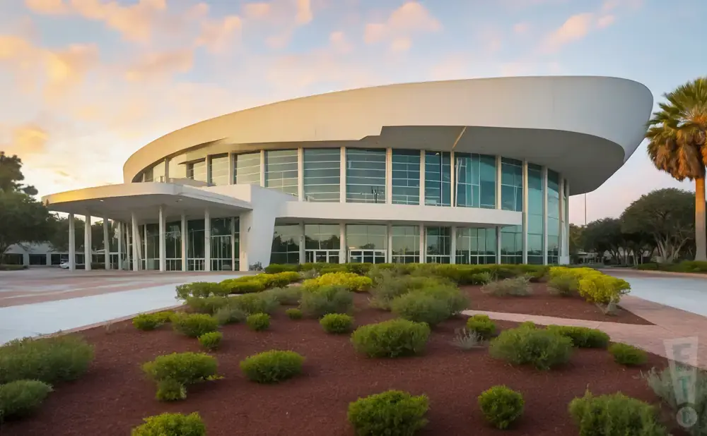 Modern, circular white building with large windows and an entrance canopy, surrounded by landscaping and palm trees at sunset.