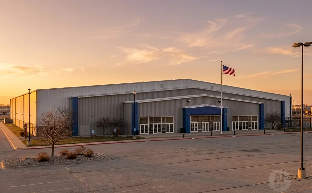 A large, modern warehouse with an American flag flying in front, at sunset.