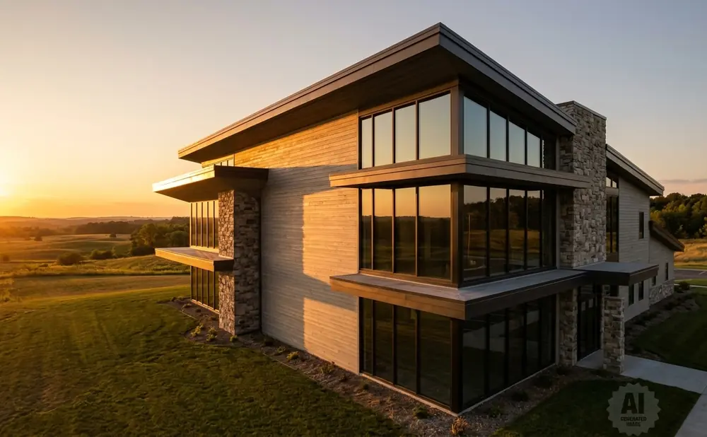 Modern building with large windows at sunset, overlooking a grassy landscape.
