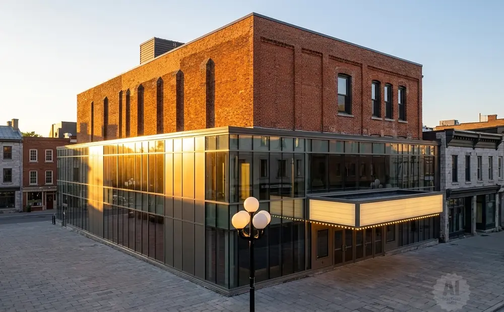 A modern glass-fronted building with a brick upper section, next to older stone buildings.