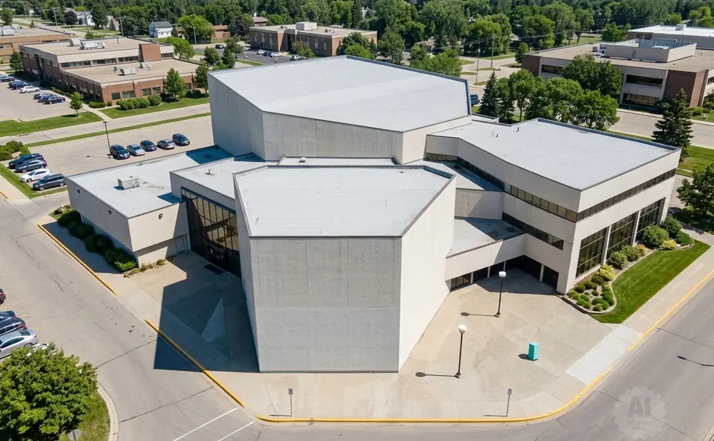 Aerial view of a modern, angular building with a large white roof, surrounded by parking lots and trees.