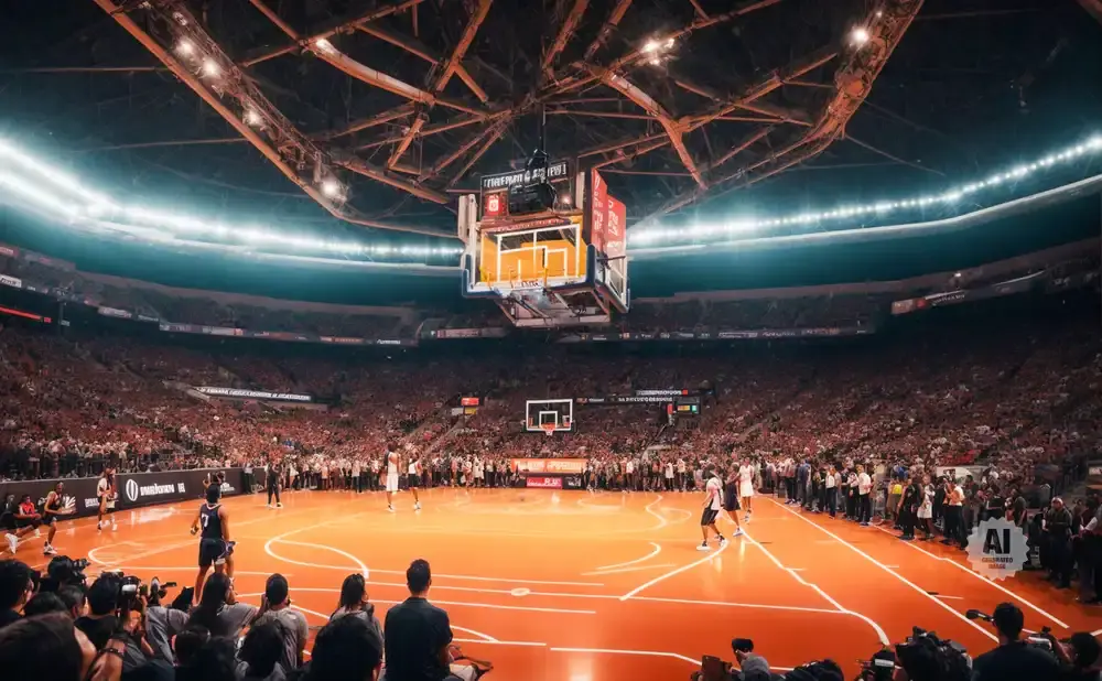 A basketball game in a packed stadium with a large scoreboard hanging from the ceiling.